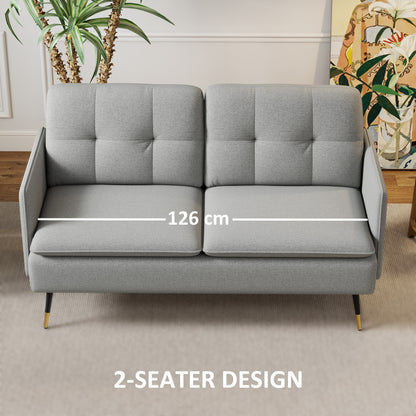 Fine Fabric Grey Button Tufted 2 Seater Sofa With Cushions And Steel Legs