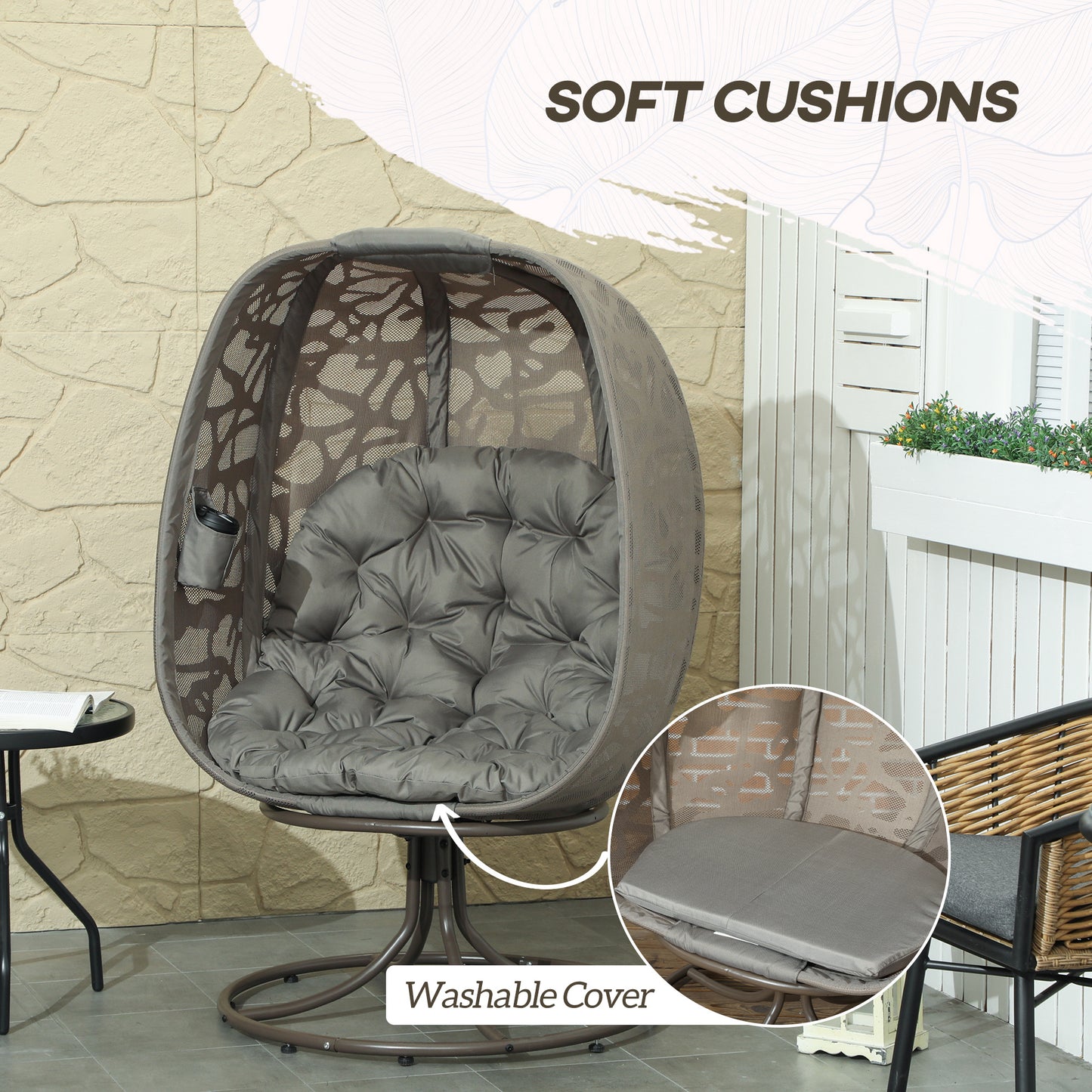 Nise Rattan And Metal Sand Brown Swivel Egg Chair With Cushions