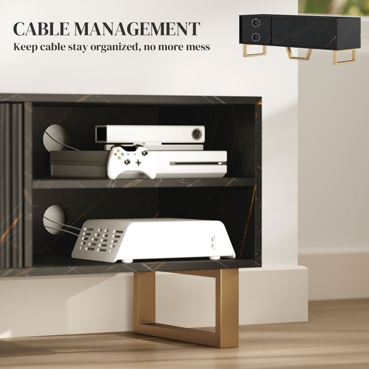 Baseva 140cm Wooden Black and Gold Marble Effect TV Unit With Fluted Doors For Screens Up To 70 Inches