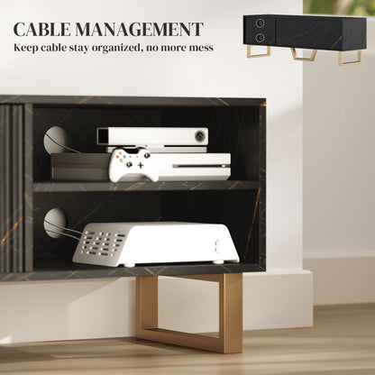 Baseva 140cm Wooden Black and Gold Marble Effect TV Unit With Fluted Doors For Screens Up To 70 Inches