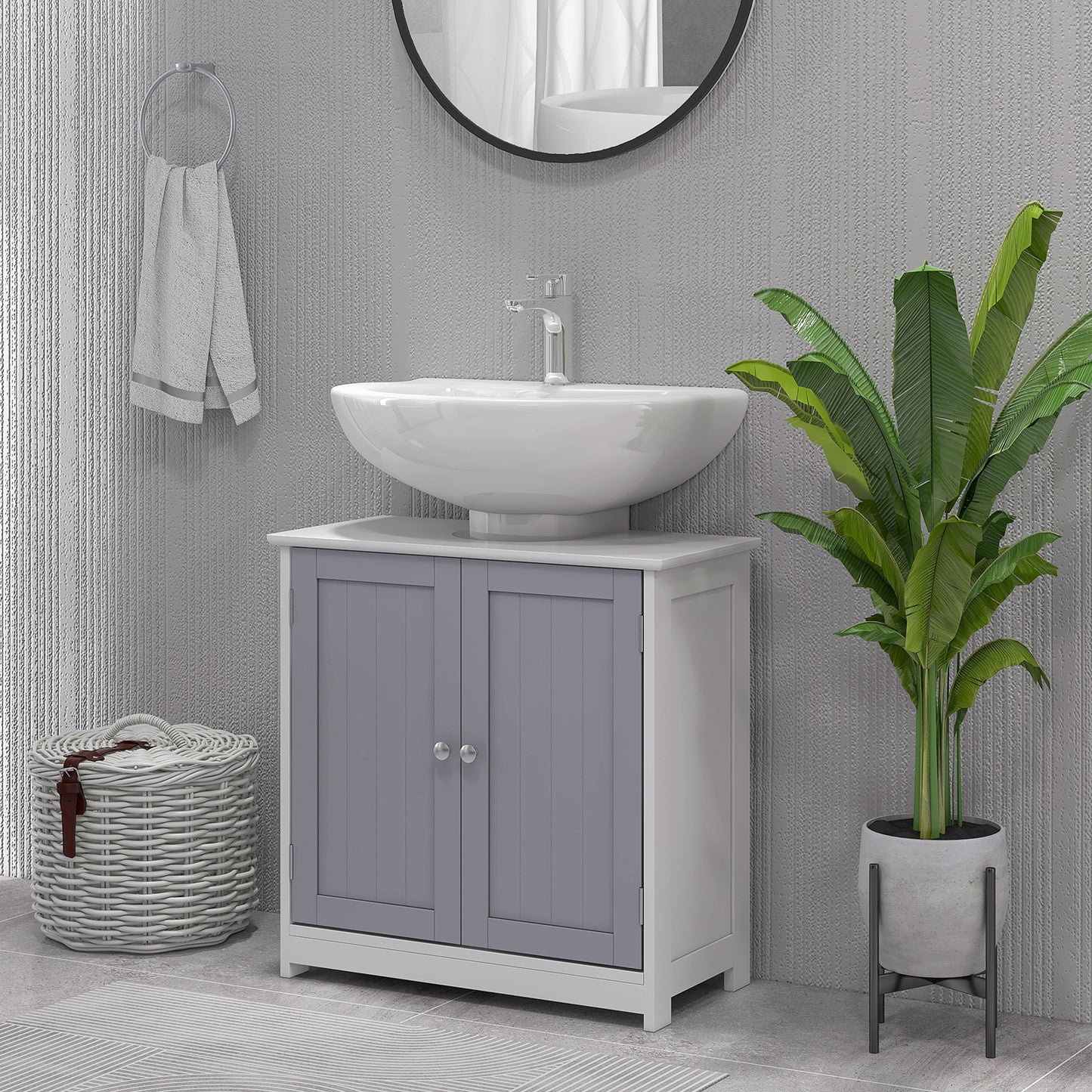 Rova Compact Under Sink Bathroom Storage Cabinet With Adjustable Shelf And Drain Cut Out White And Grey