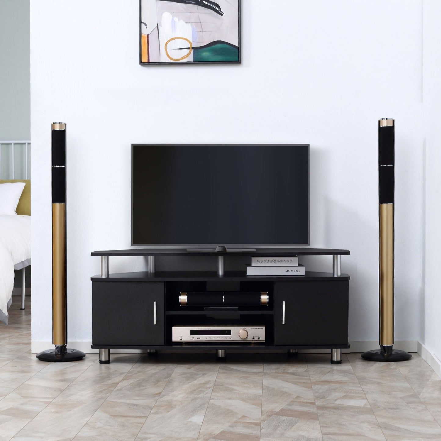 Zisaba Mika 120cm Wooden Black TV Storage Unit For Screens Up To 55 Inches 2 Doors and Shelves