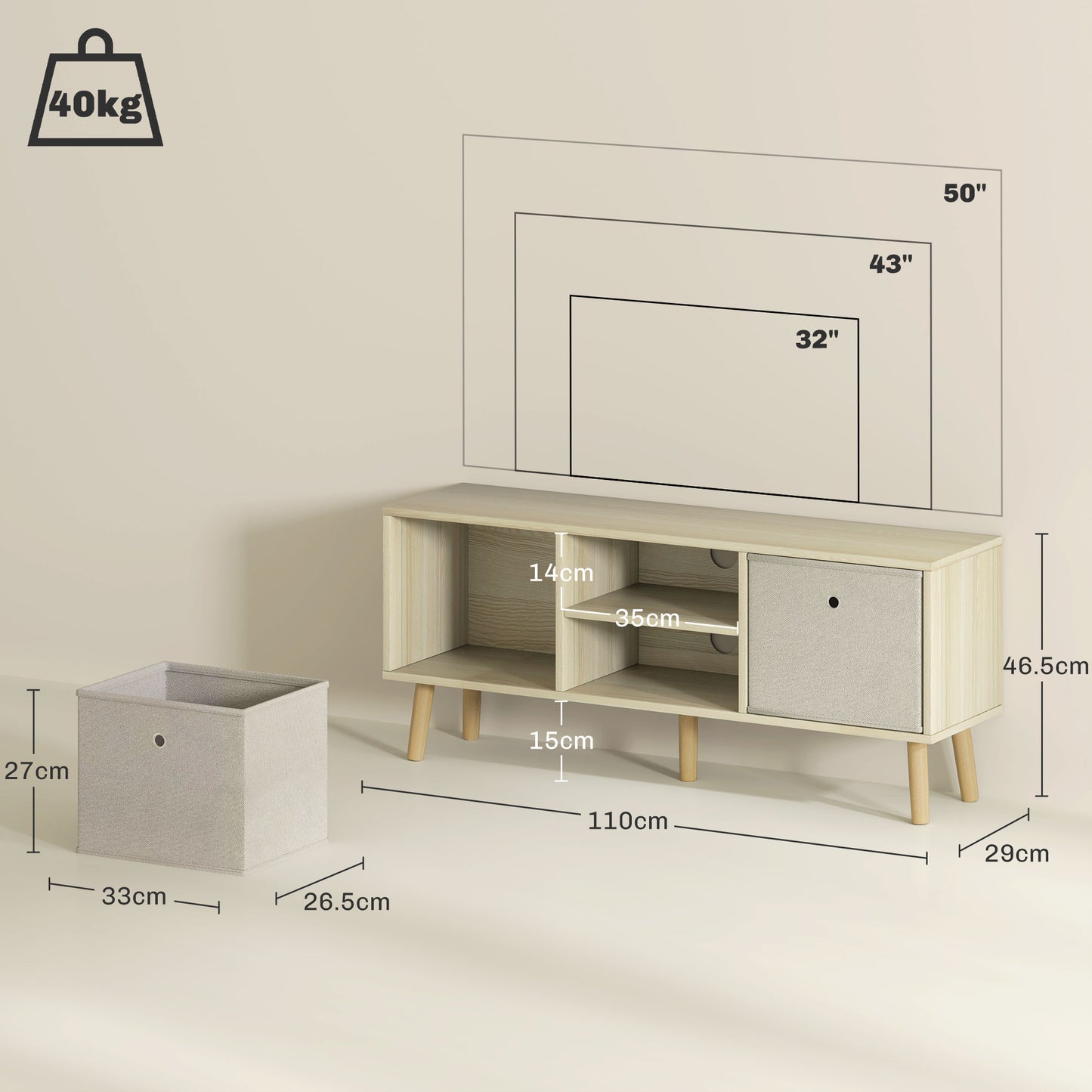 Lepa Yoha 110cm Natural Wood TV Storage Cabinet With Fabric Fold Down Drawers For Screens Up To 50 Inches