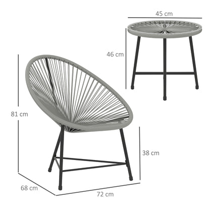 Nibaco Rattan Rope Grey 3 Piece Outdoor Garden Bistro Set With Glass Top Table