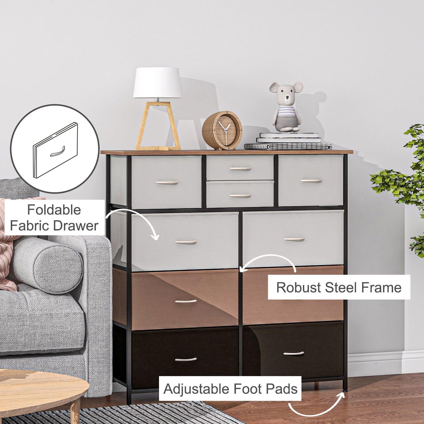 Sare Metal And Fabric Multicolour 10 Drawer Storage Dresser With Foldable Drawers And Steel Frame