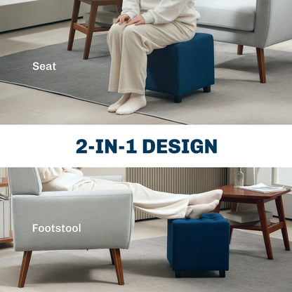 Dimano Velvet Blue Upholstered Square Ottoman Diamond Tufted Pattern
