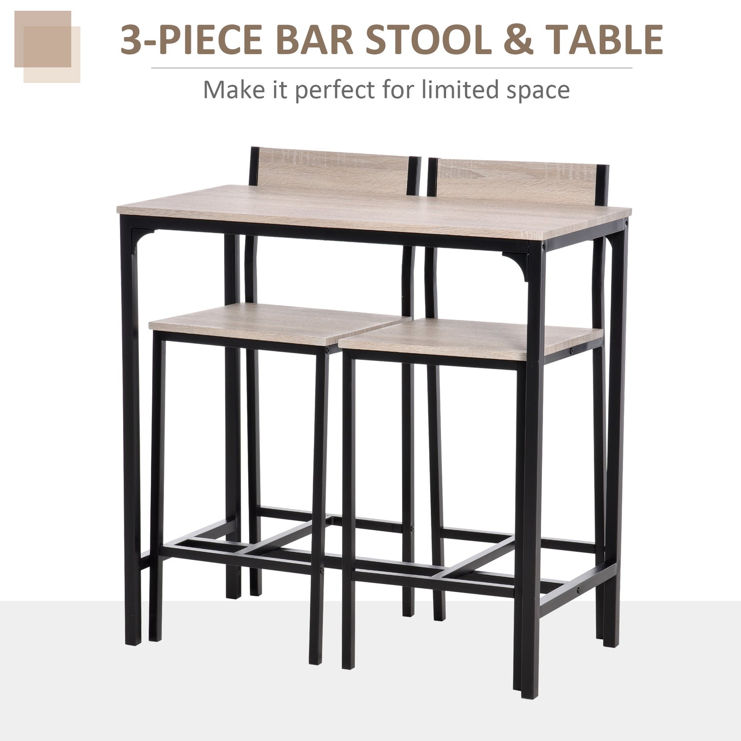 Noro Metal And Wooden Industrial 3 Piece Breakfast Bar Set With Stools