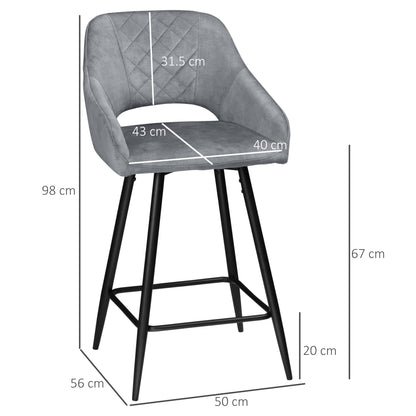 Zire Set Of 2 Grey Velvet Fabric Counter H8 Bar Chairs With Steel Legs