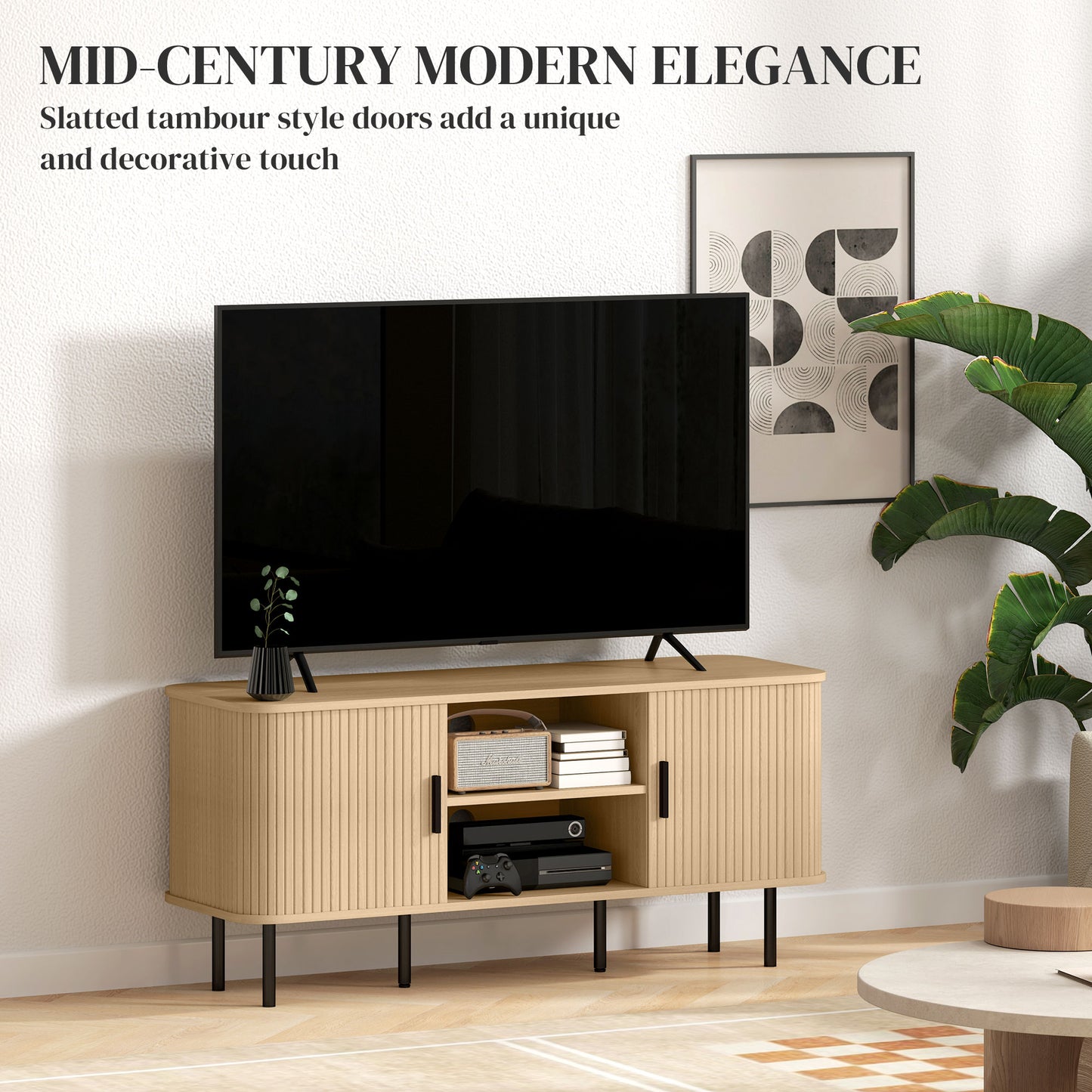 Elnali 120cm Wooden Natural Oak Effect TV Unit With Shelves For Screens Up To 55 Inches