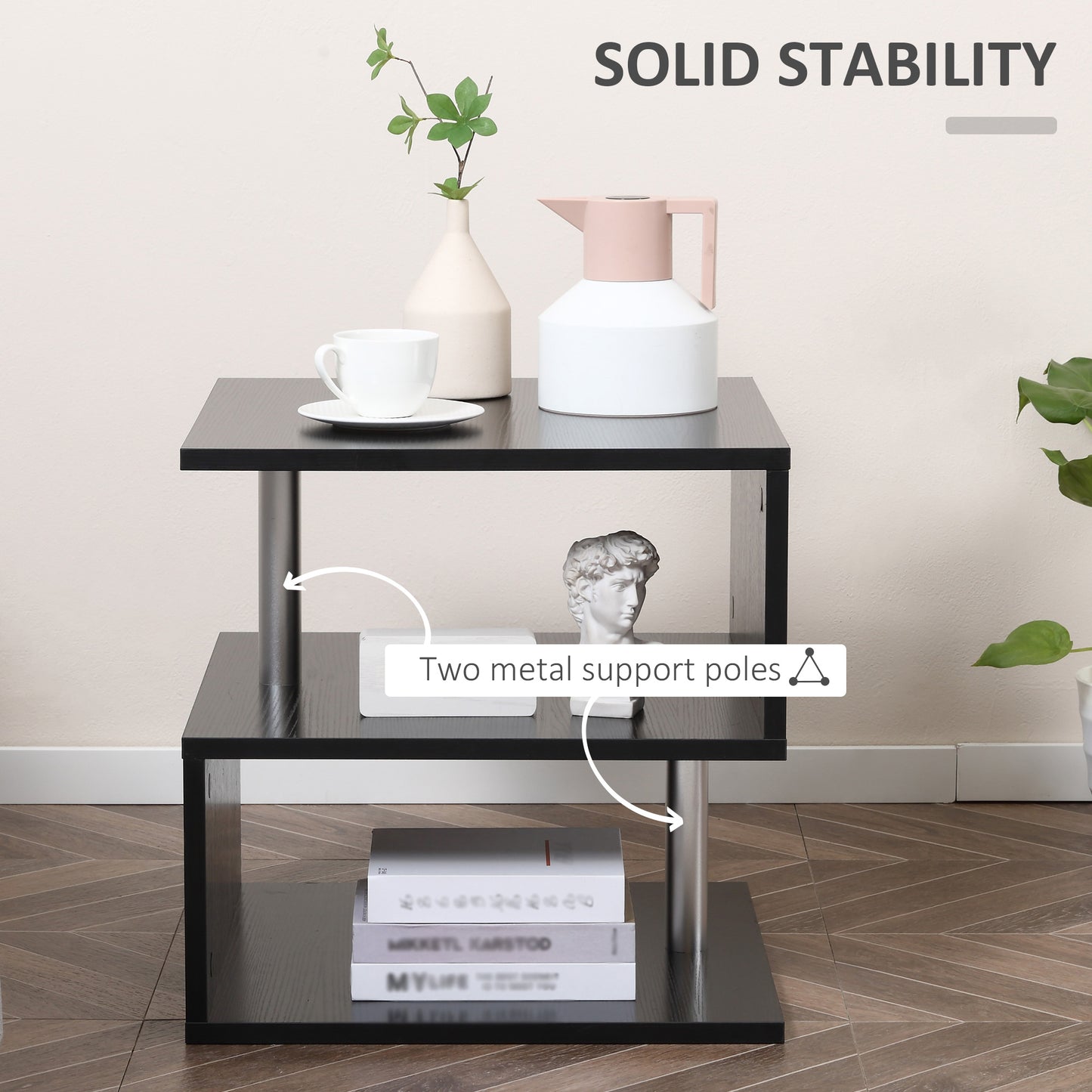 Tova Kene Wooden Black Set Of 2 Side Coffee Tables 2 Tier Storage S Shaped