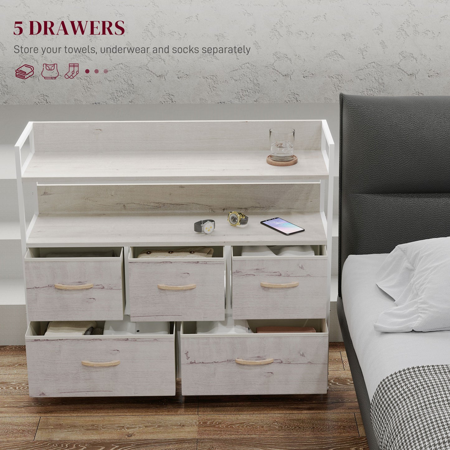 Nakatte White Metal and Grey Fabric 5 Drawer Storage Chest