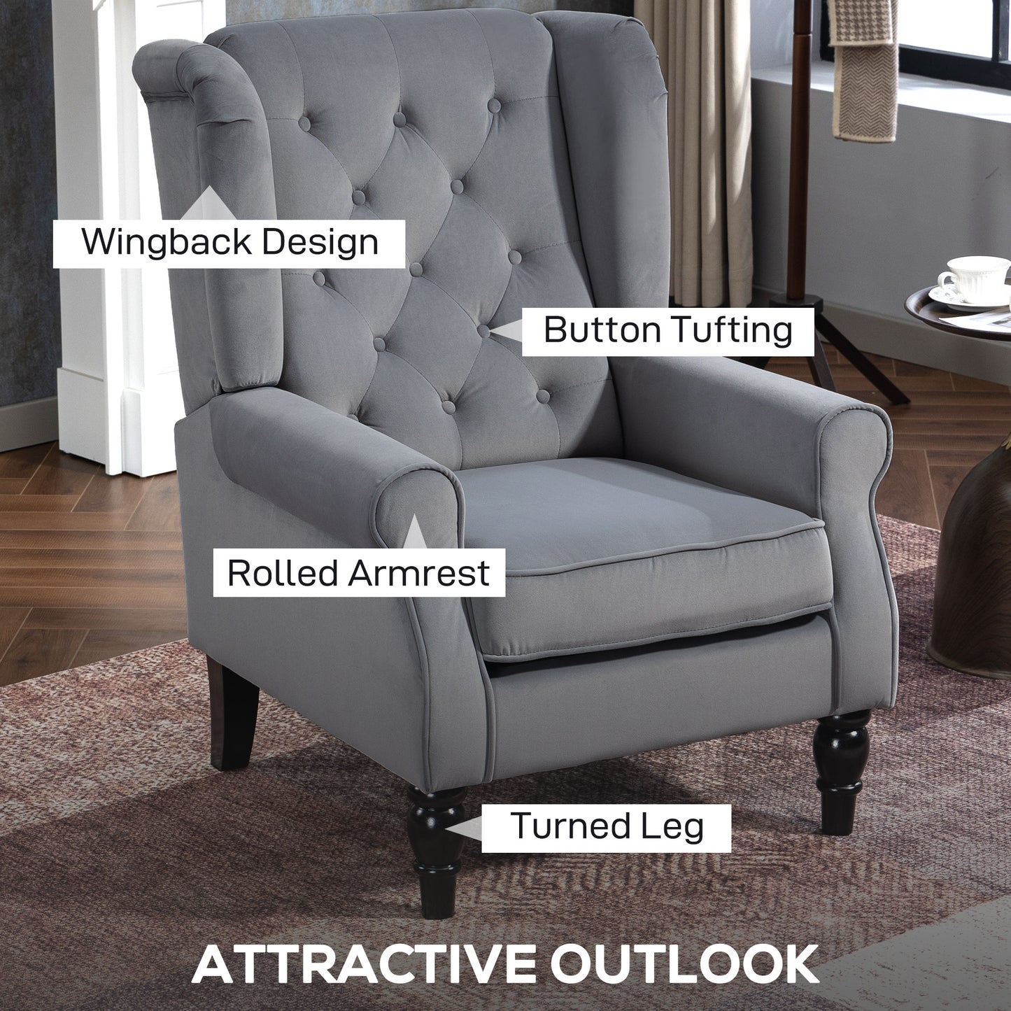 Linimo Light Grey Retro Wingback Accent Chair With Button Tufted Upholstery
