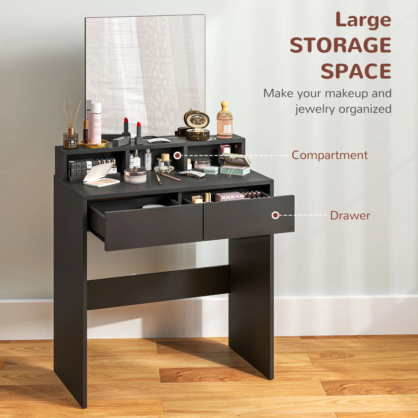 Merotto Black Dressing Table With Mirror And Multi Storage Layout