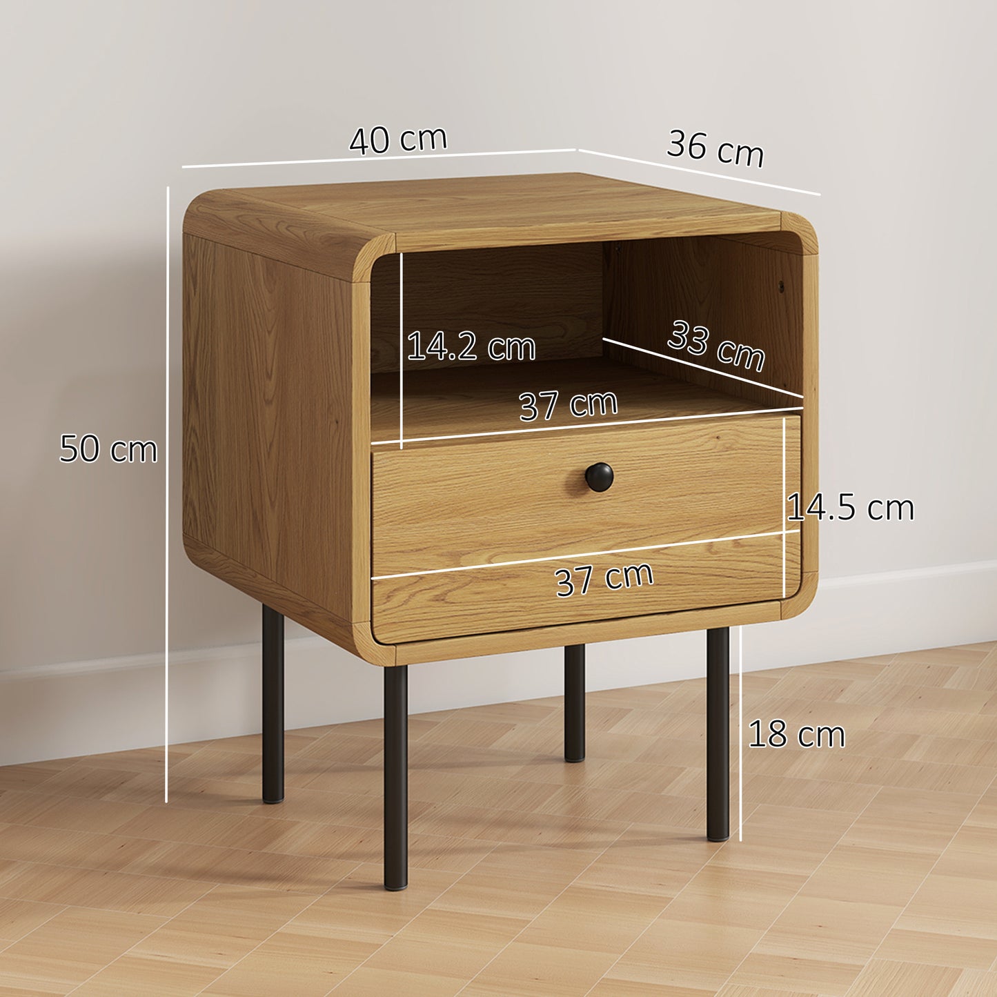 Move Lalo Oak Finish Wooden Bedside Table With Drawer And Open Shelf Storage