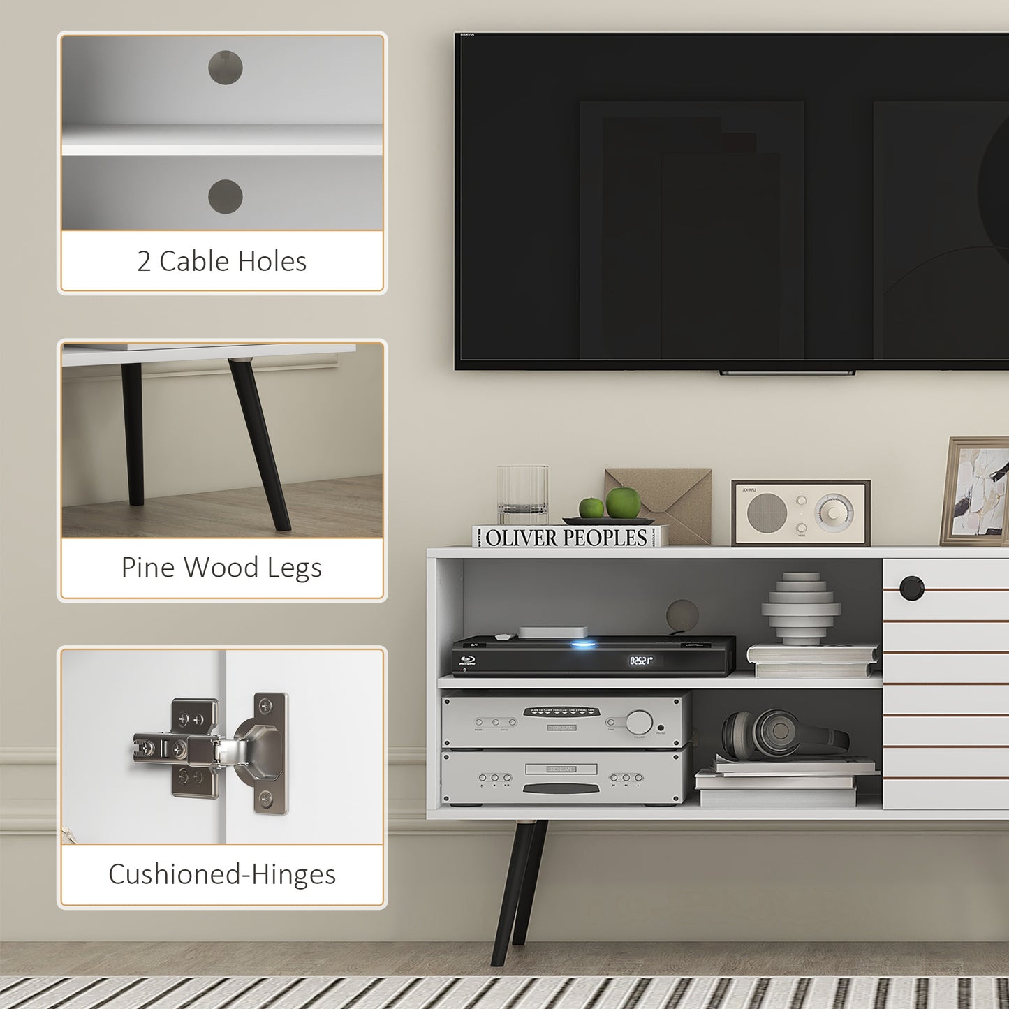 Baelva 110cm Vale Wooden White Duo Storage TV Unit With Stipe Door Design