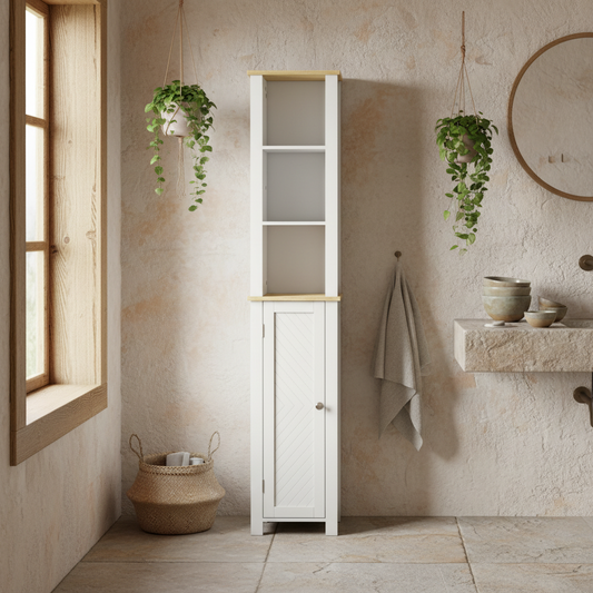 Nifael Slim Bathroom Storage Cabinet With OFauxn Compartment And Adjustable Shelves White 34 x 23 x 165 cm
