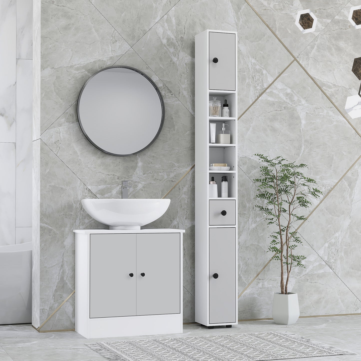 Pabaha Tall Slim Bathroom Storage Cabinet With Drawers Shelves And Cupboards Light Grey