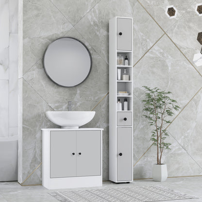 Pabaha Tall Slim Bathroom Storage Cabinet With Drawers Shelves And Cupboards Light Grey