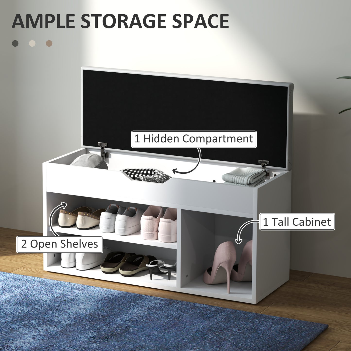 Zima Wooden White Shoe Storage Bench With Hidden Compartment And Grey Padded Seat