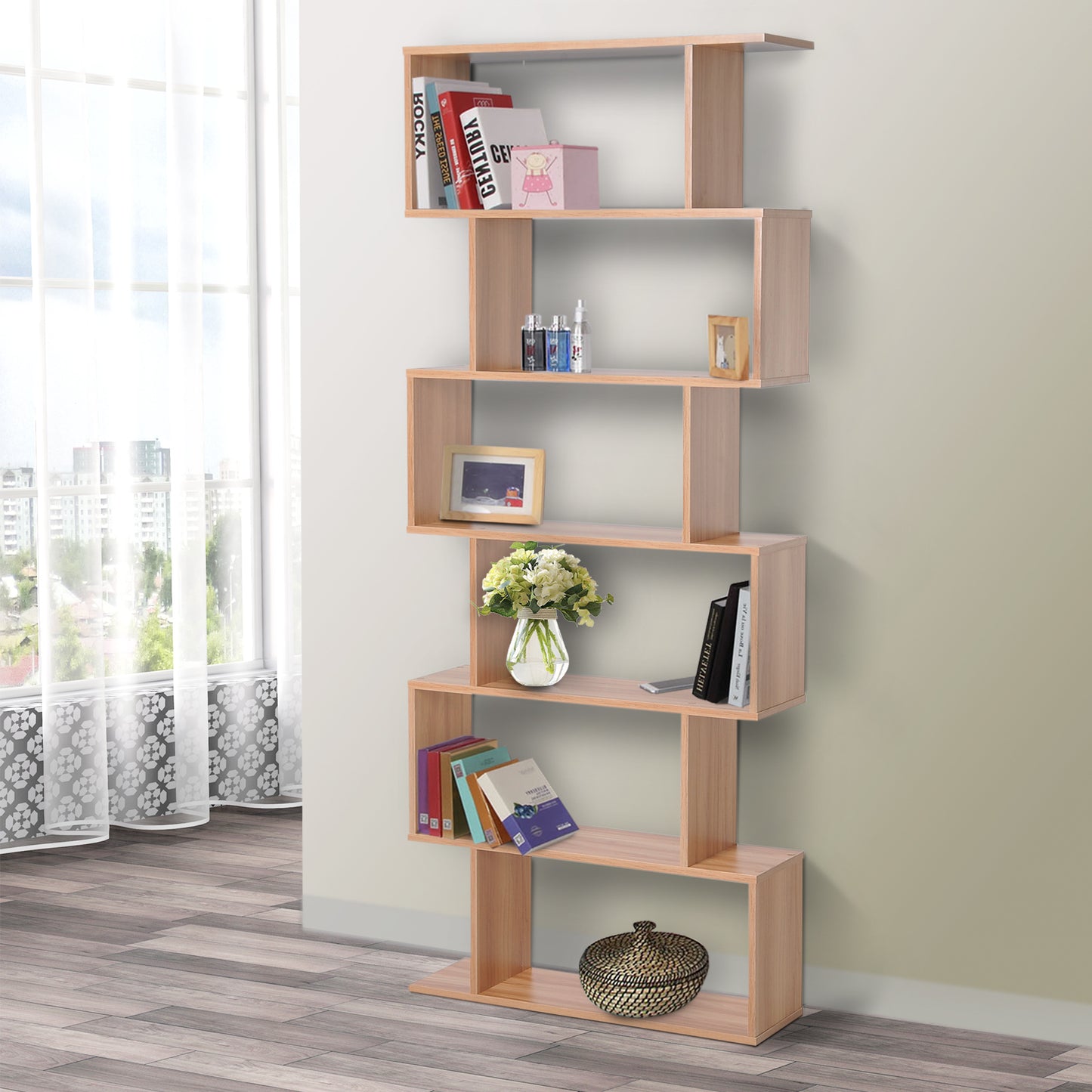Lisoke Wood Maple 6 Tier S ShaFauxd Display Bookcase