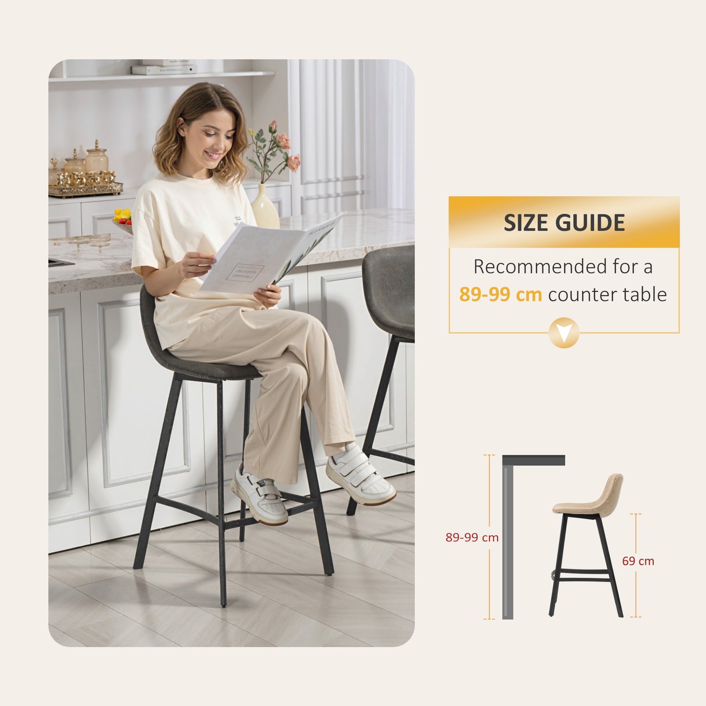 Nora Set Of 2 Grey Faux Leather Dining Bar Stools With Back And Foot Support