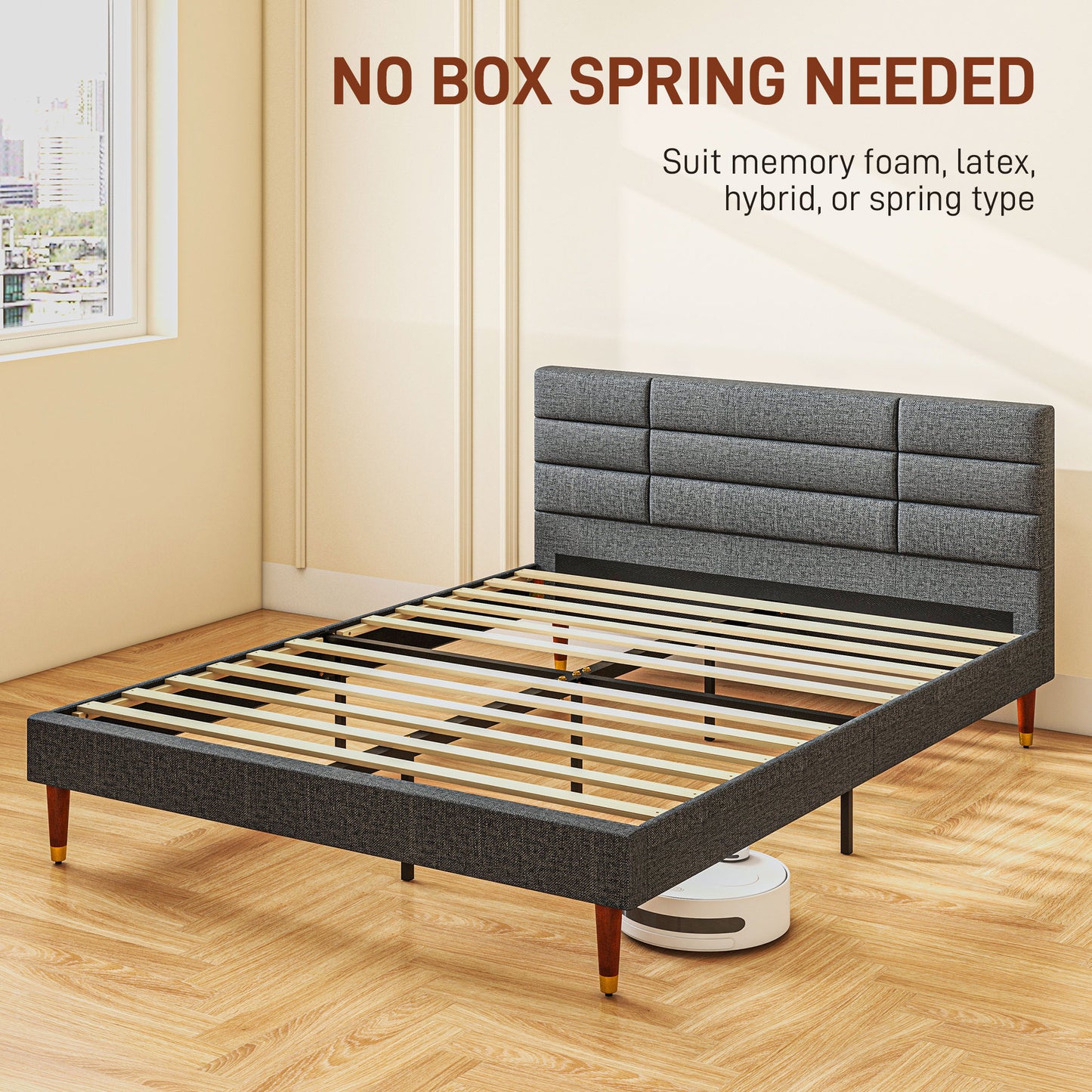 Narane 5FT Grey Upholstered King Bed Frame With Slatted Base and Fruitwood Legs