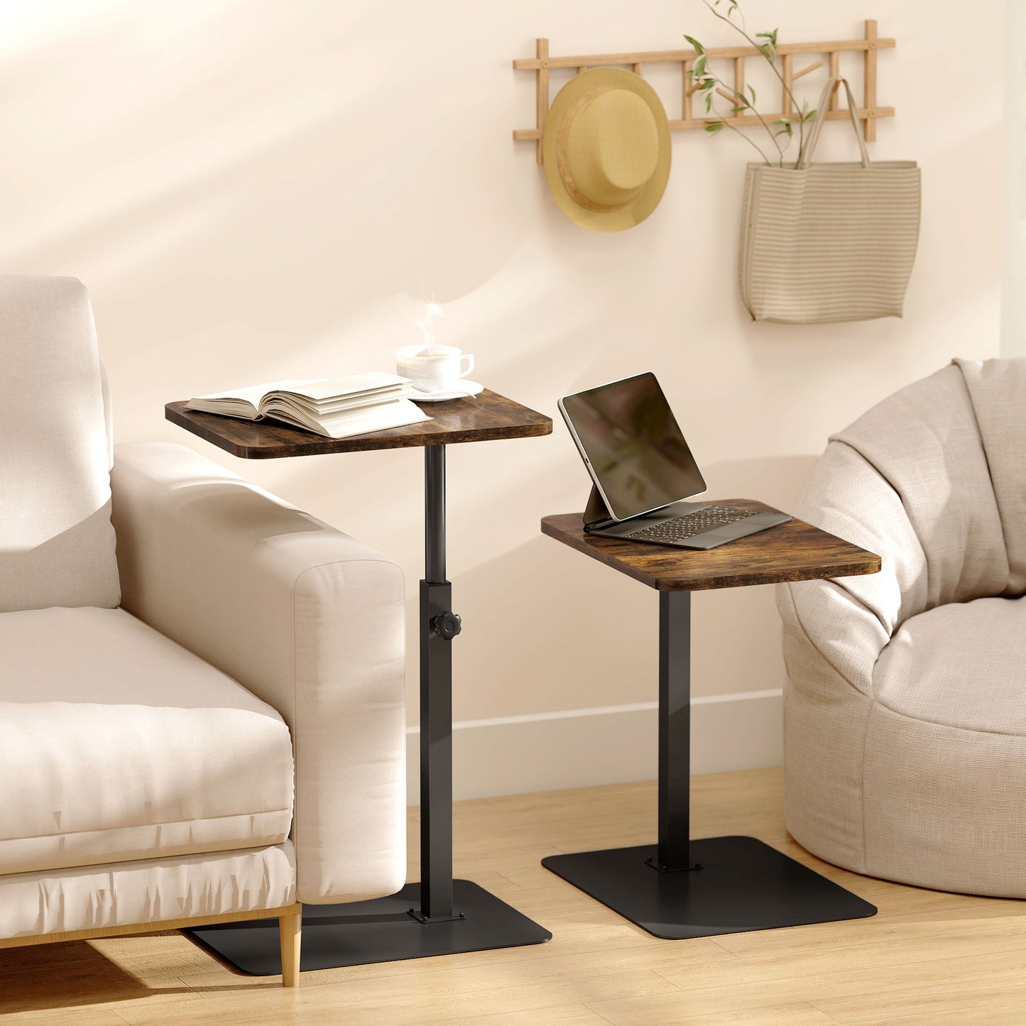 Falava Metal And Wooden Rustic Brown Side Table With Adjustable Frame