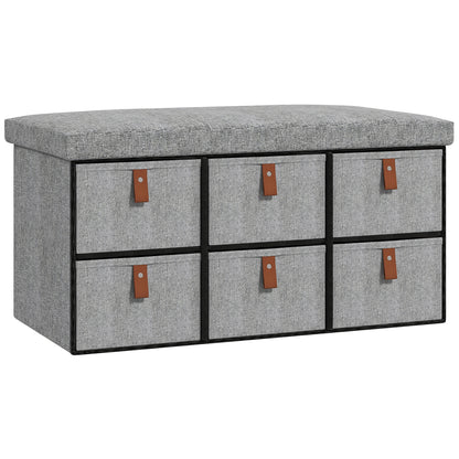 Taelha Light Grey Fabric Shoe Bench With Cushioned Seat And 6 Fabric Drawers