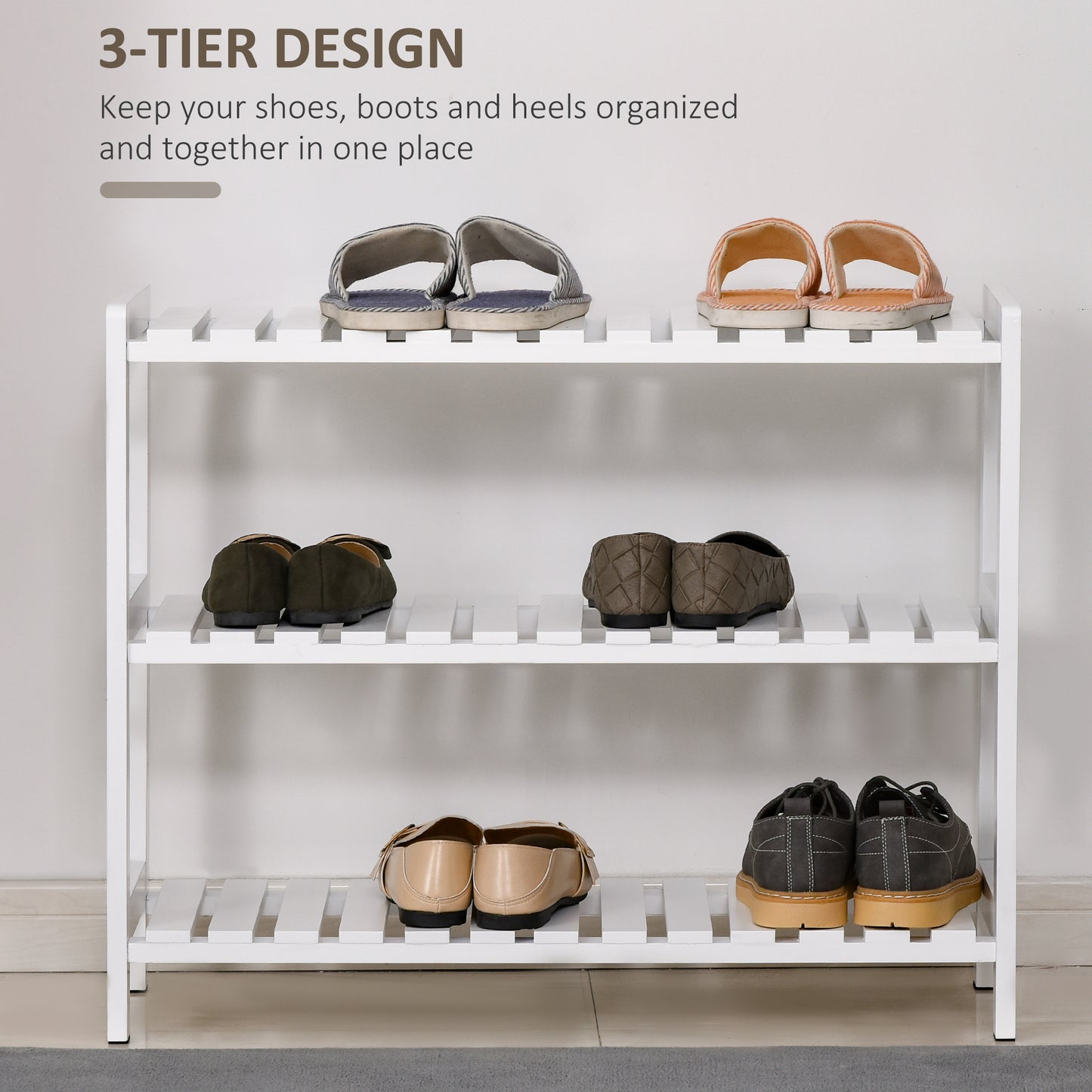 Vafino Wooden White 3 Tier Slatted Shoe Rack With Slatted Shelves