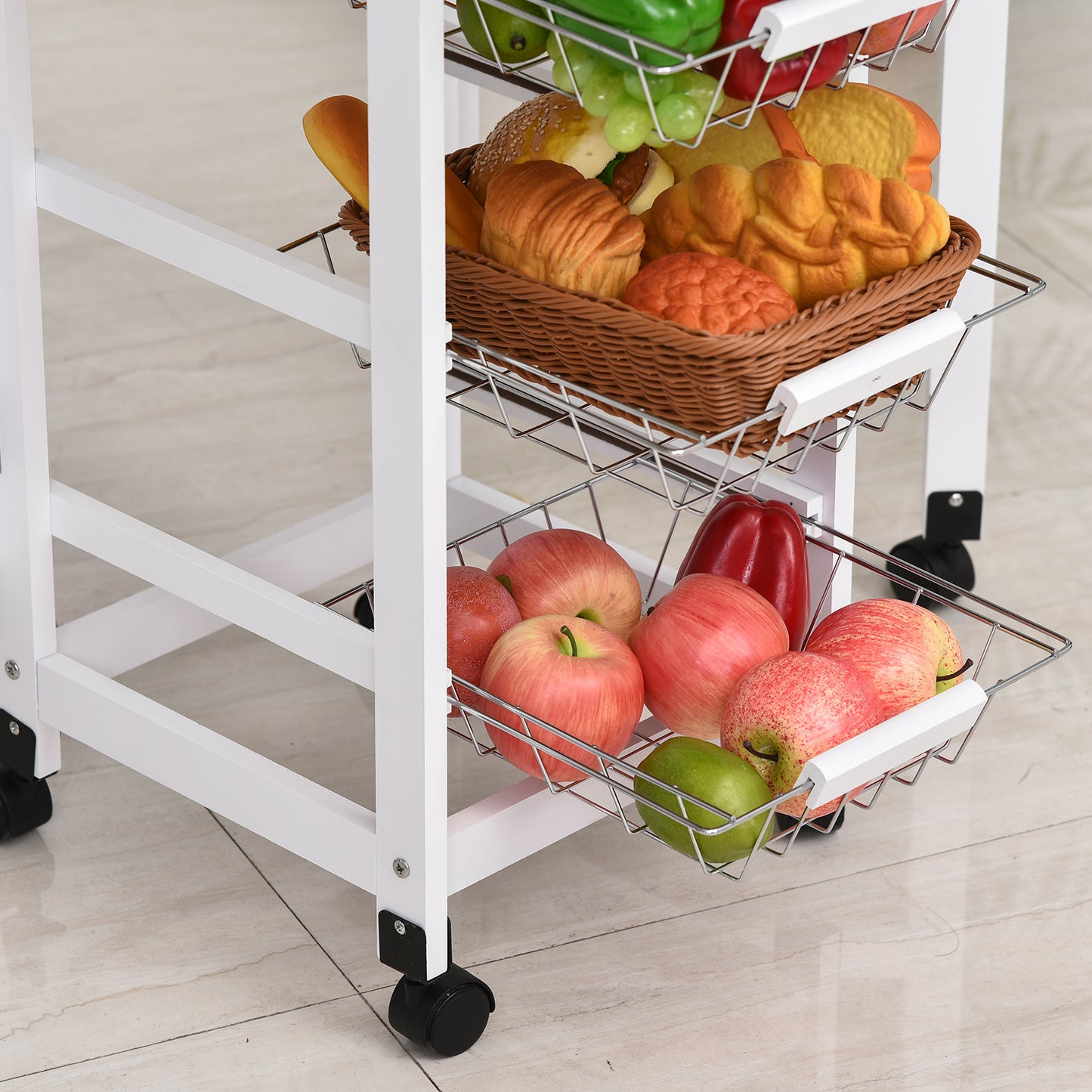 Ziha Wooden White Oak Tone Drop Leaf Kitchen Trolley With Baskets And Wheels