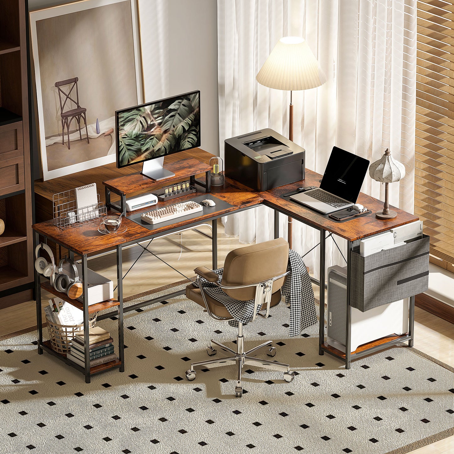 Lesano 168cm Rustic Brow Reversible Industrial L Shaped Desk With Adjustable Shelves And Monitor Stand
