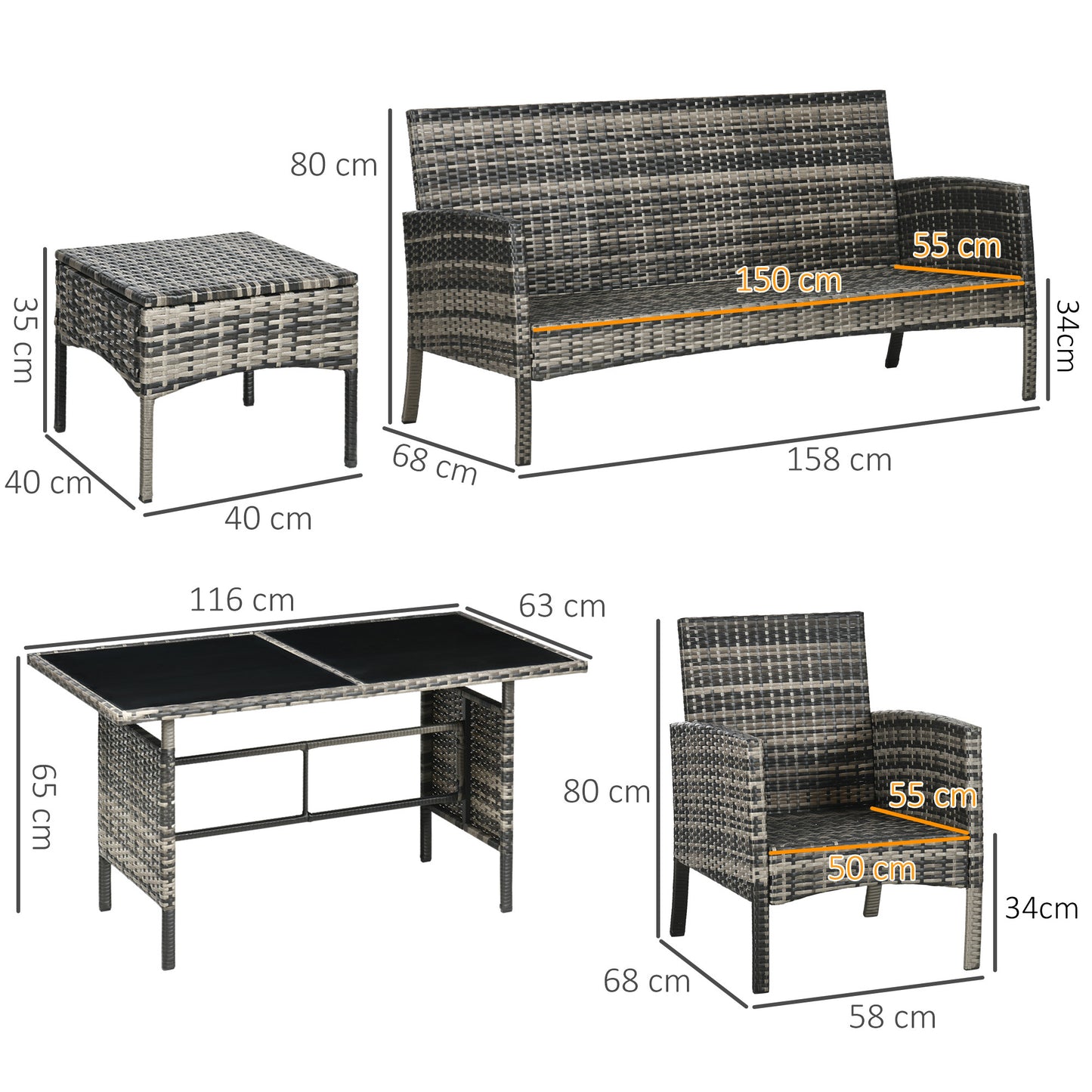 Lolu 7 Seater Grey Rattan Garden Sofa Set With Cushions And Glass Table