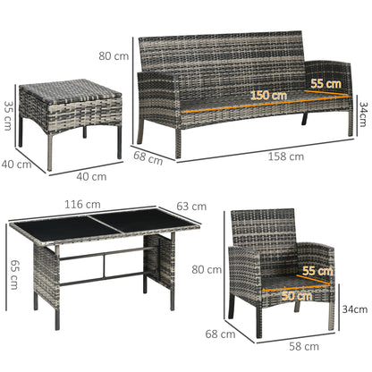 Lolu 7 Seater Grey Rattan Garden Sofa Set With Cushions And Glass Table