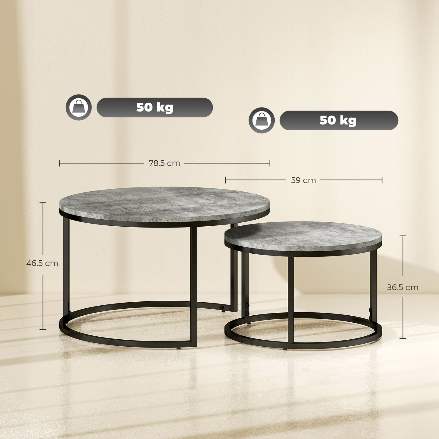 Faline Metal And Wood Grey And Black Set Of 2 Marble Effect Nesting Tables