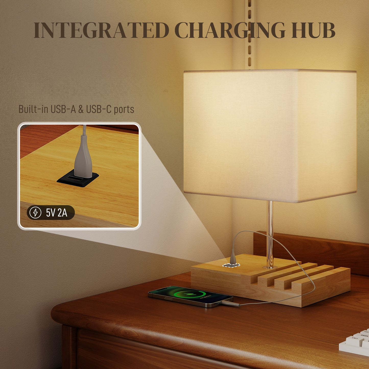 Hael Wood And Fabric White Bedside Table Lamp With USB Charging Ports Phone Stands And Fabric Shade