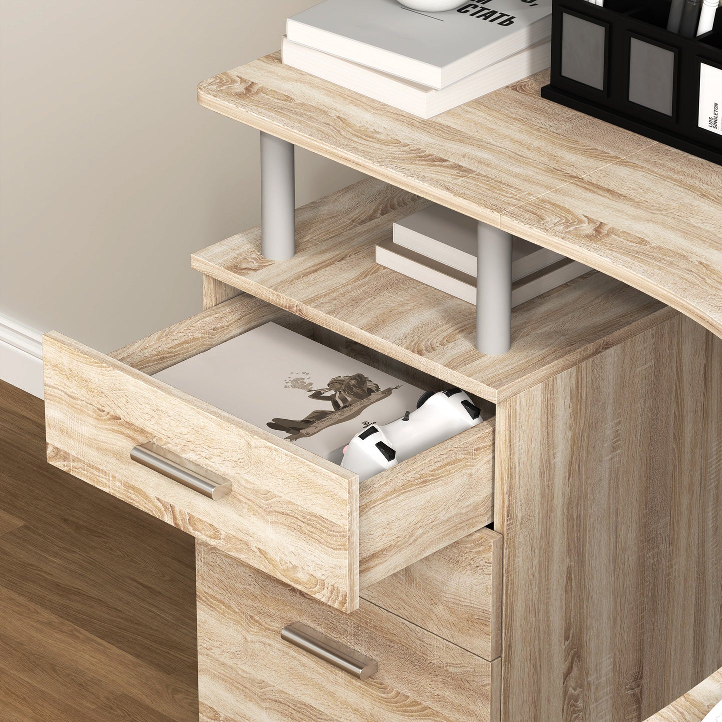Lelolo 143cm Oak Industrial L Shaped Corner Desk With 3 Drawers