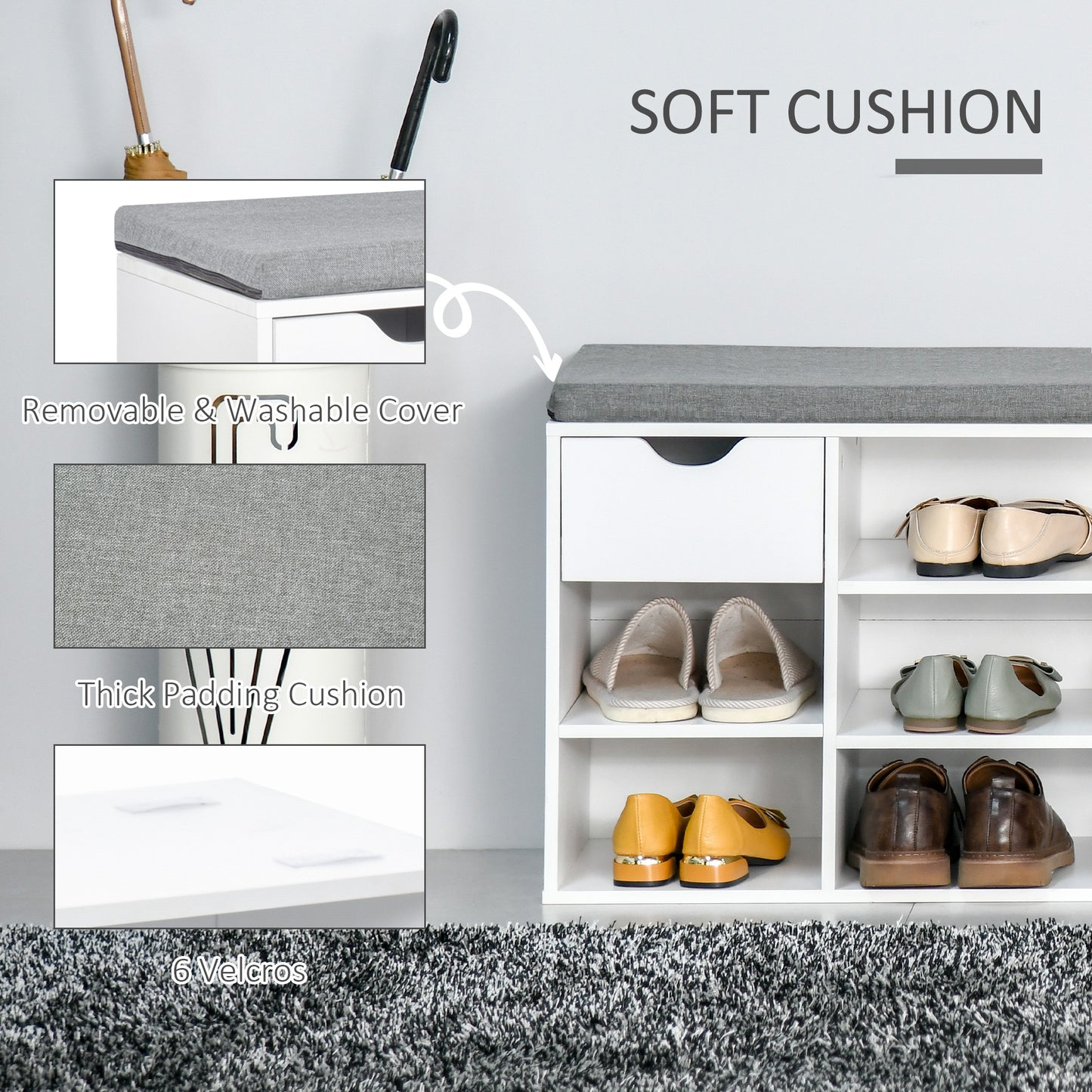 Yoke Wooden White Shoe Bench With Cushioned Seat 1 Drawer 7 Compartments
