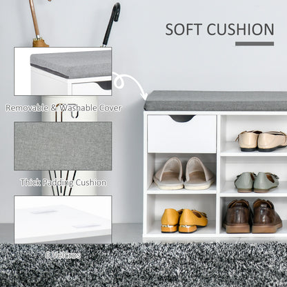 Yoke Wooden White Shoe Bench With Cushioned Seat 1 Drawer 7 Compartments