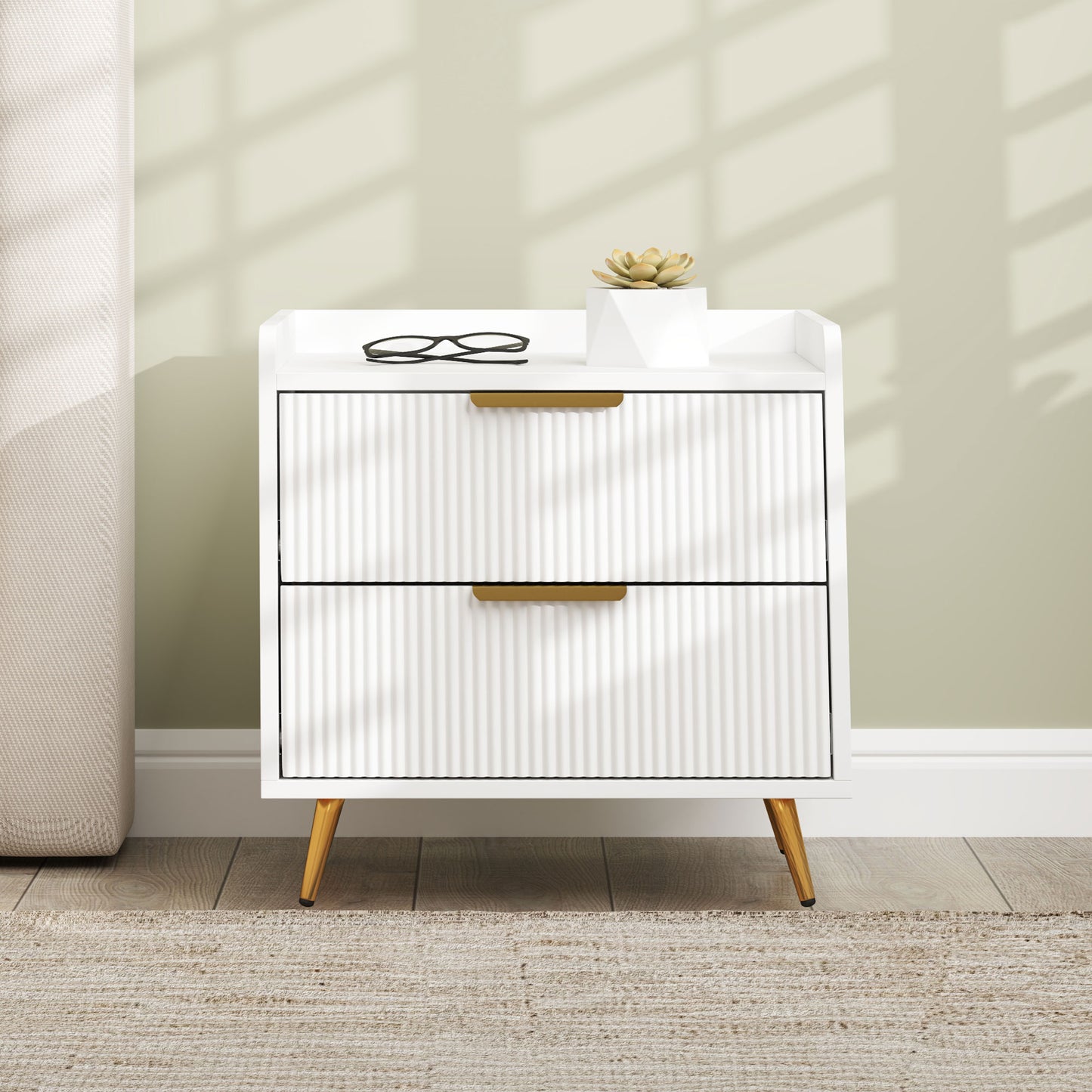 Yoha White and Gold Ribbed 2 Drawer Bedside Table