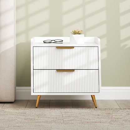 Yoha White and Gold Ribbed 2 Drawer Bedside Table
