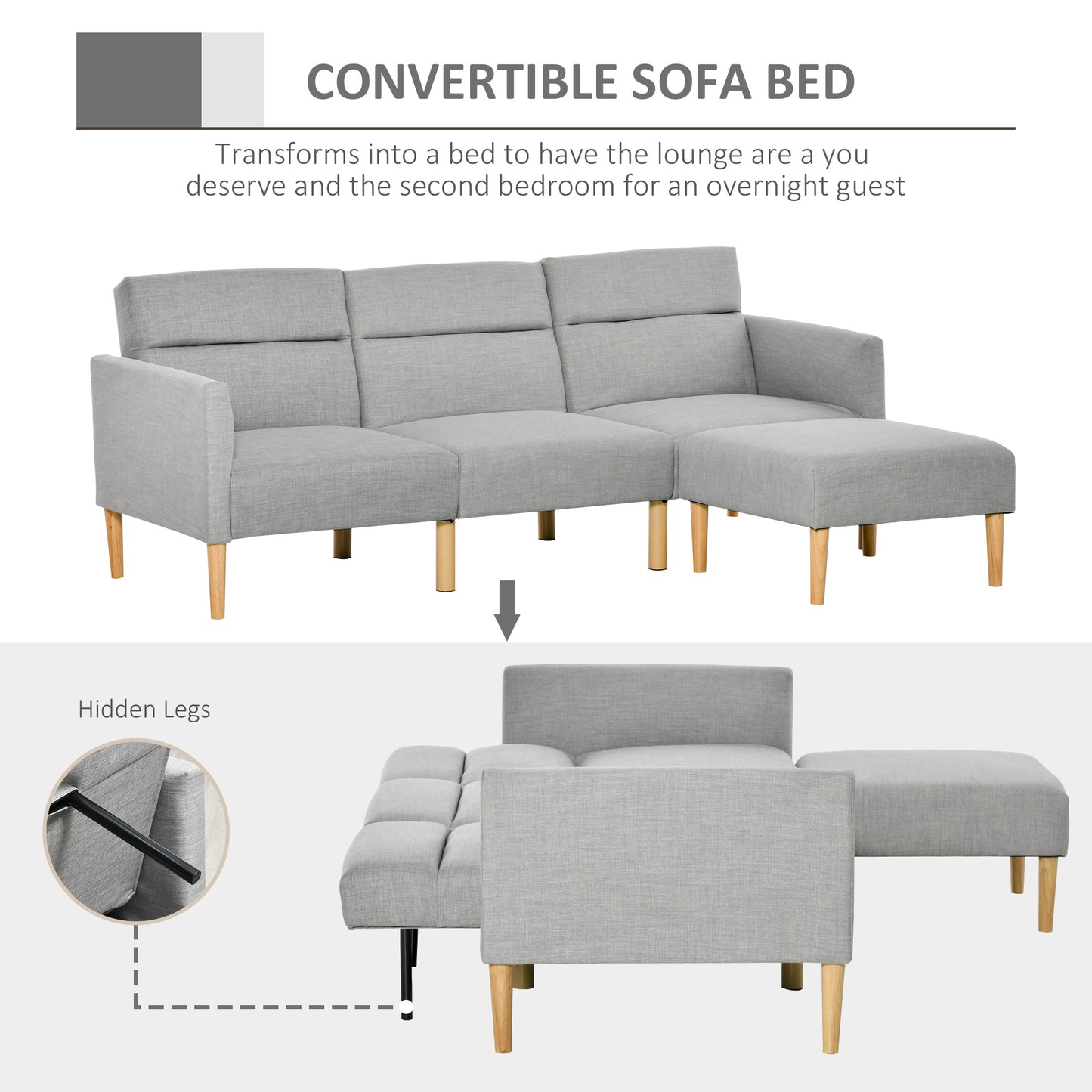 Nosove Diri Linen Light Grey Corner Sofa Bed Set With Footstool And Rubberwood Legs
