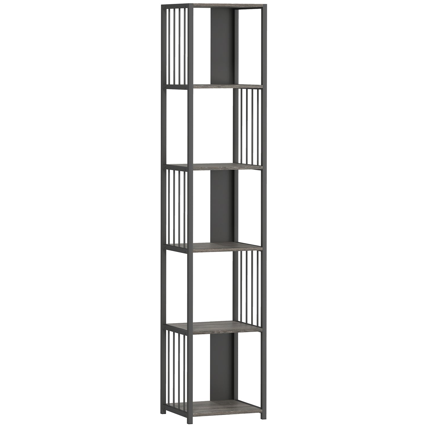 Reseka Metal And Wood Grey 5 Tier Bookshelf With Steel Frame