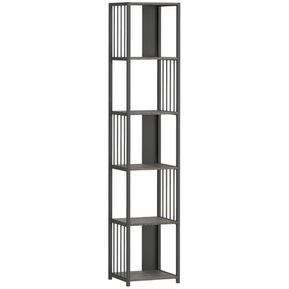 Reseka Metal And Wood Grey 5 Tier Bookshelf With Steel Frame