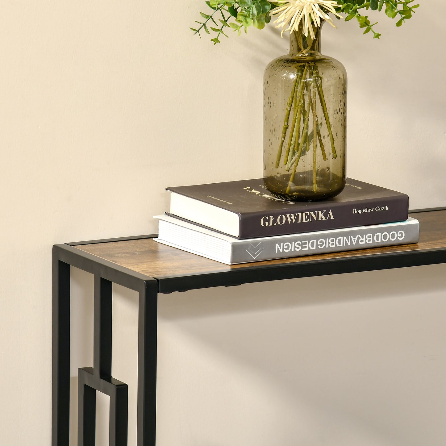Sanero 106cm Metal And Wooden Rustic Brown Narrow Industrial Console Table With Storage Shelf