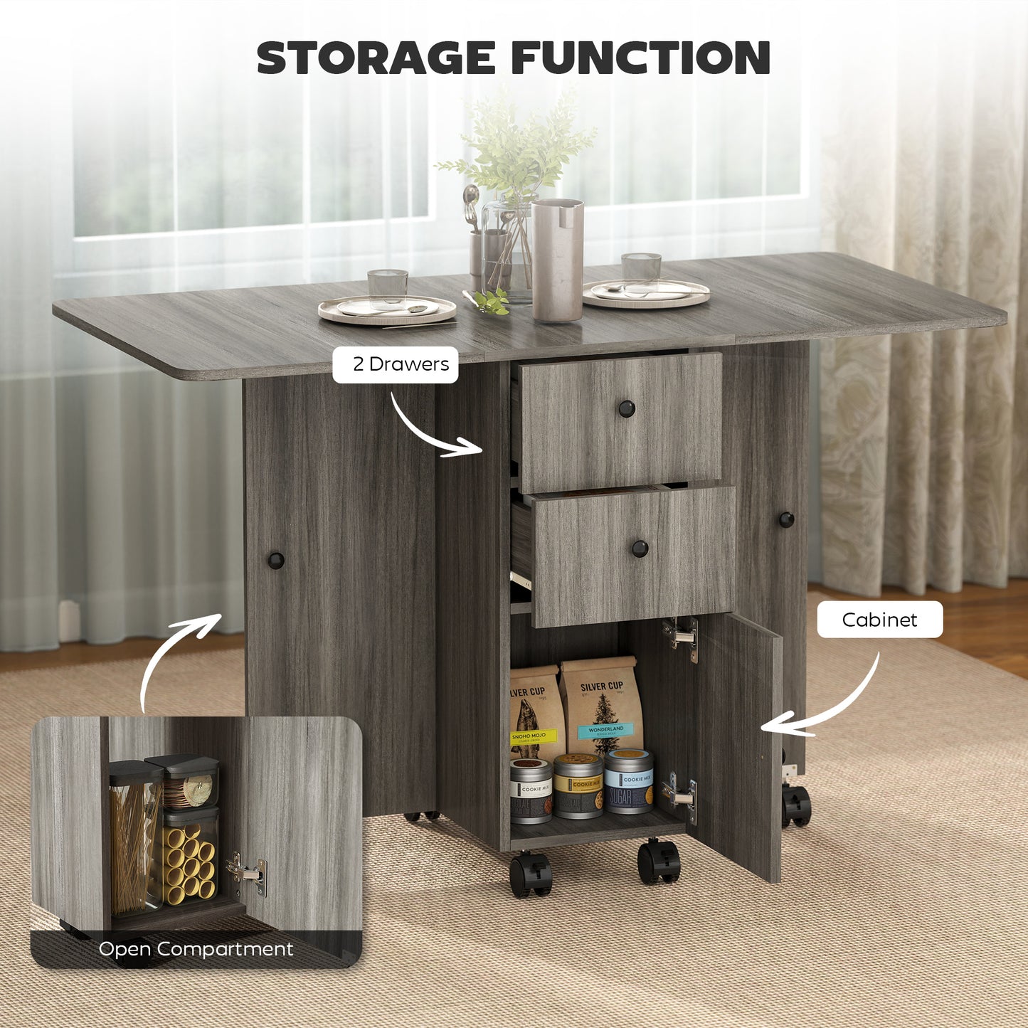 Todiralo Wooden Grey Drop Leaf Dining Table With Built In Storage For 6