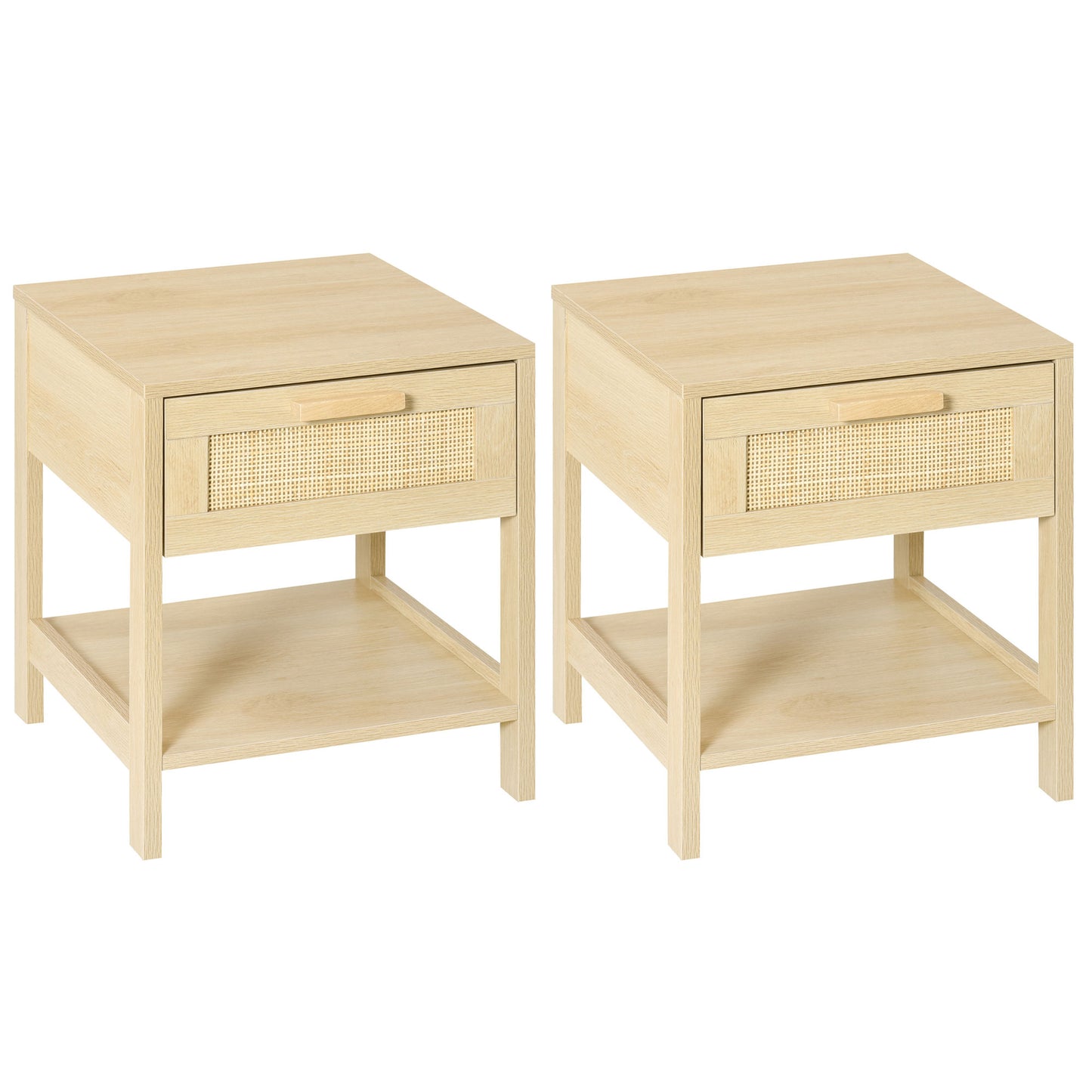 Dilamo Set Of 2 Farmhouse Bedside Tables With Rattan Drawer And Open Shelf