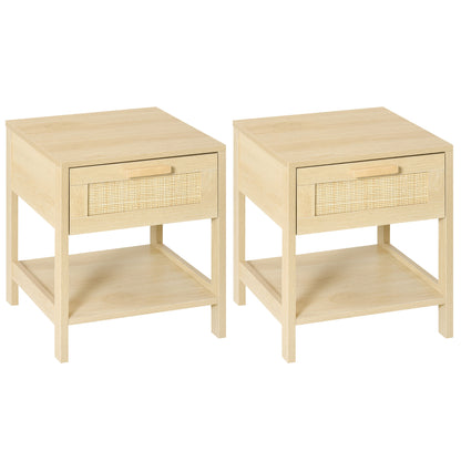 Dilamo Set Of 2 Farmhouse Bedside Tables With Rattan Drawer And Open Shelf