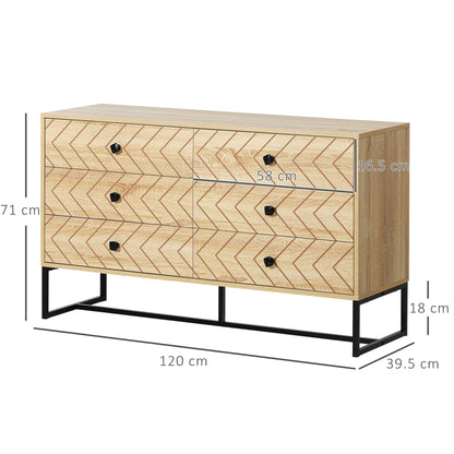 Niel Wooden Natural Chevron 6 Drawer Chest With Zigzag Black Metal Legs