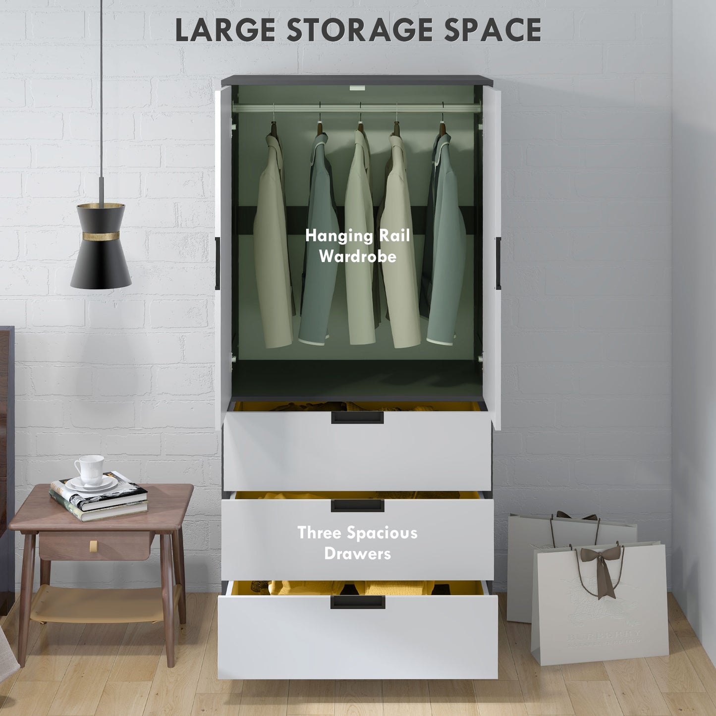 Corario Wooden Grey and White 2 Door Wardrobe With 3 Drawers And Hanging Rod