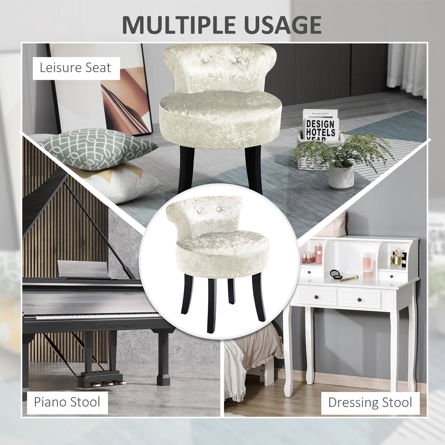 Salami Beige Velvet Dressing Table Stool With Rubber Wood Legs